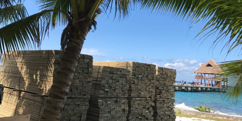 Maderas tratadas apiladas en la playa listas para distribución.